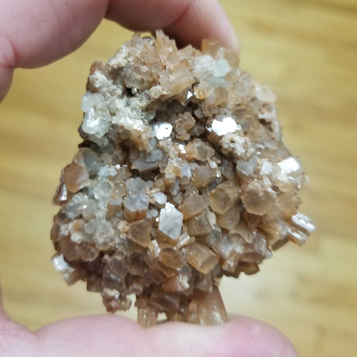 Morocco’s Gem Aragonite Star Cluster showcasing intricate starburst formations with earthy hues of amber and brown.