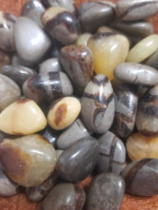 Beautiful collection of Septarian Tumbled stones showcasing natural colors including yellow calcite, brown aragonite, grey limestone, and white barite.