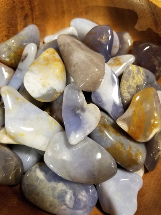 Collection of Blue Chalcedony pieces, highlighting the stunning bluish gray hues of African Blue Chalcedony, perfect for crystal enthusiasts.