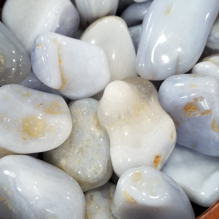 Beautiful Blue Chalcedony stones showcasing the unique bluish gray color of African Blue Chalcedony, ideal for decorative use or crystal healing.