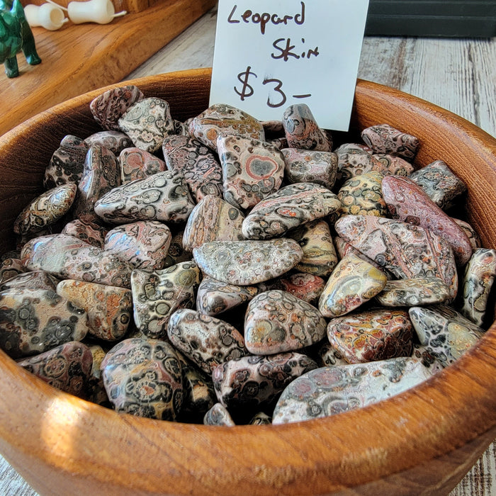 Leopard Skin Jasper tumbled stones showcasing unique patterns, perfect for meditation and decor, highlighting their healing properties.