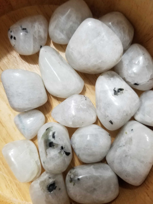 Close-up view of a Rainbow Moonstone tumbled crystal showcasing its unique white with black dots pattern, ideal for enhancing intuition and promoting inner growth.