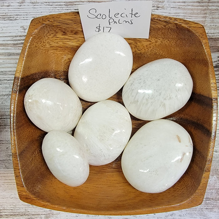 Stunning Scolecite Palm Stone from High Ho Gems and Crystals, perfect for enhancing heart chakra energies and promoting self-love.