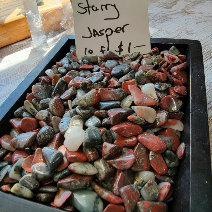 High-quality Tumbled Starry Jasper chips in various colors, perfect for jewelry making, crafts, or as decorative stones.
