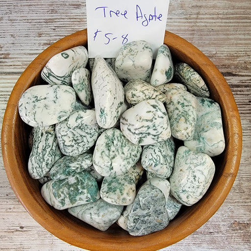 Beautiful Tree Agate tumbled stones showcasing their unique white and green patterns, promoting inner peace and tranquility.