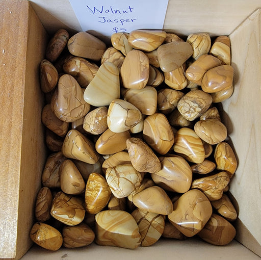 Tumbled stones of Walnut Jasper Tumbled showcasing natural earthy colors resembling wood, ideal for enhancing physical strength and energy.