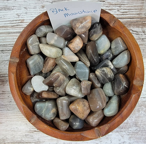 A stunning piece of Black Moonstone Tumbled, showcasing its unique color properties and smooth surface, perfect for crystal healing and enhancing intuition.