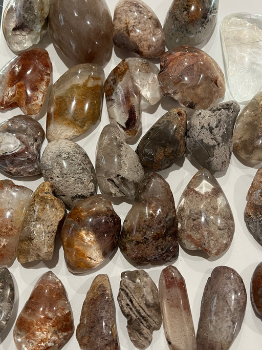 Lodolite Quartz Lenses showcasing beautiful internal inclusions, sourced from Minas Gerais, Brazil.