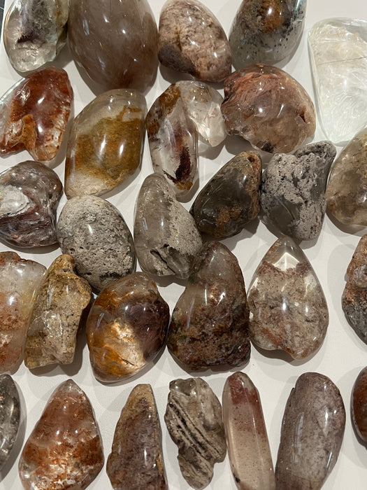 Lodolite Quartz Lenses showcasing beautiful internal inclusions, sourced from Minas Gerais, Brazil.