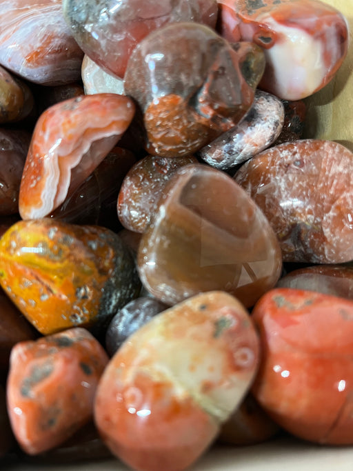 Beautiful Red South Agate Tumbled stones showcasing vibrant red colors, perfect for healing and decorative purposes.